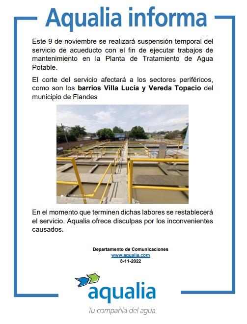 Suspensión del servicio de agua potable por mantenimiento en la planta de tratamiento de Flandes